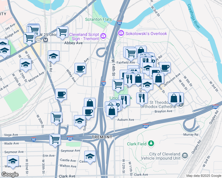map of restaurants, bars, coffee shops, grocery stores, and more near 2420 West 14th Street in Cleveland