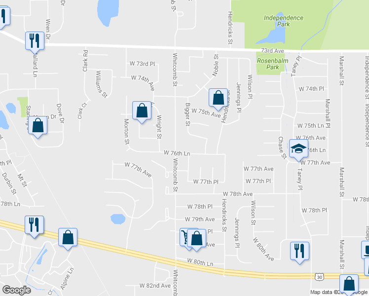 map of restaurants, bars, coffee shops, grocery stores, and more near 7601 Whitcomb St in Merrillville