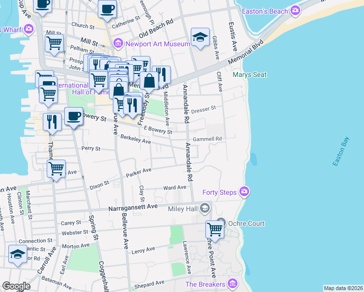 map of restaurants, bars, coffee shops, grocery stores, and more near 65 Annandale Road in Newport