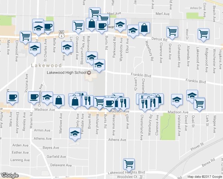 map of restaurants, bars, coffee shops, grocery stores, and more near 1614 Parkwood Road in Lakewood