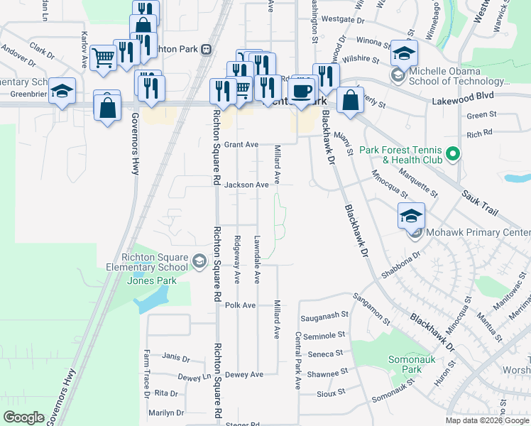 map of restaurants, bars, coffee shops, grocery stores, and more near 22531 Lawndale Avenue in Richton Park