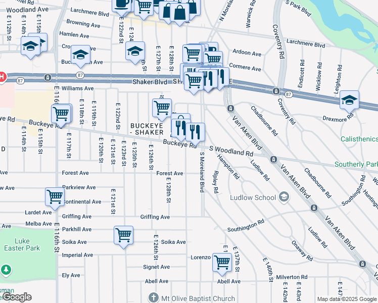 map of restaurants, bars, coffee shops, grocery stores, and more near 13106 Buckeye Road in Cleveland