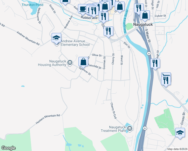 map of restaurants, bars, coffee shops, grocery stores, and more near 125 Spencer Street in Naugatuck