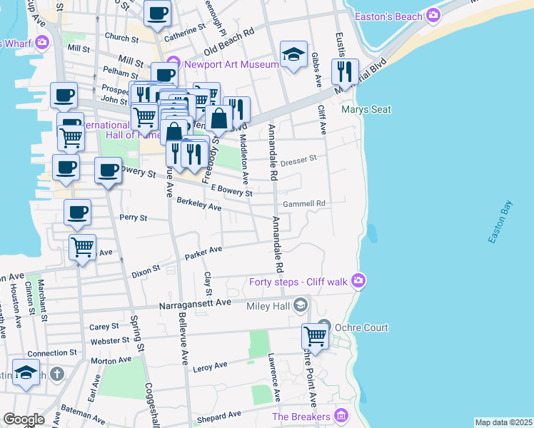 map of restaurants, bars, coffee shops, grocery stores, and more near 65 Annandale Road in Newport
