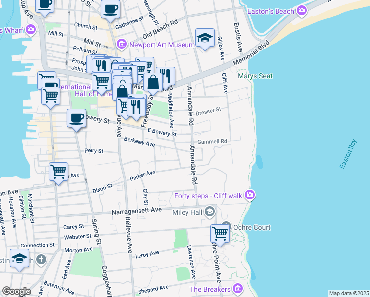 map of restaurants, bars, coffee shops, grocery stores, and more near 65 Annandale Road in Newport