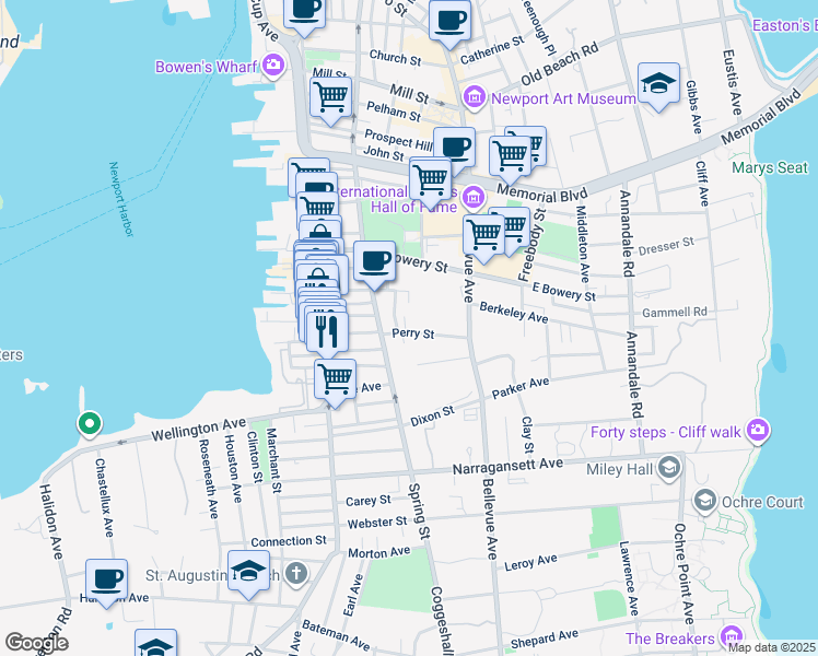 map of restaurants, bars, coffee shops, grocery stores, and more near 35 West Street in Newport