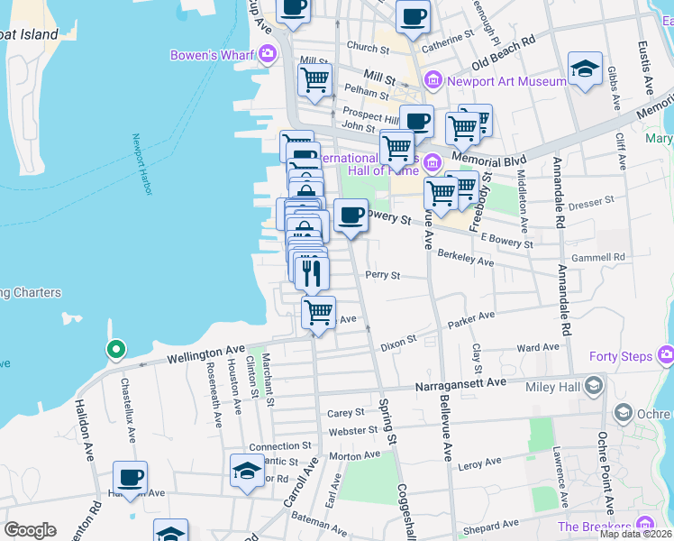 map of restaurants, bars, coffee shops, grocery stores, and more near 33 South Baptist Street in Newport