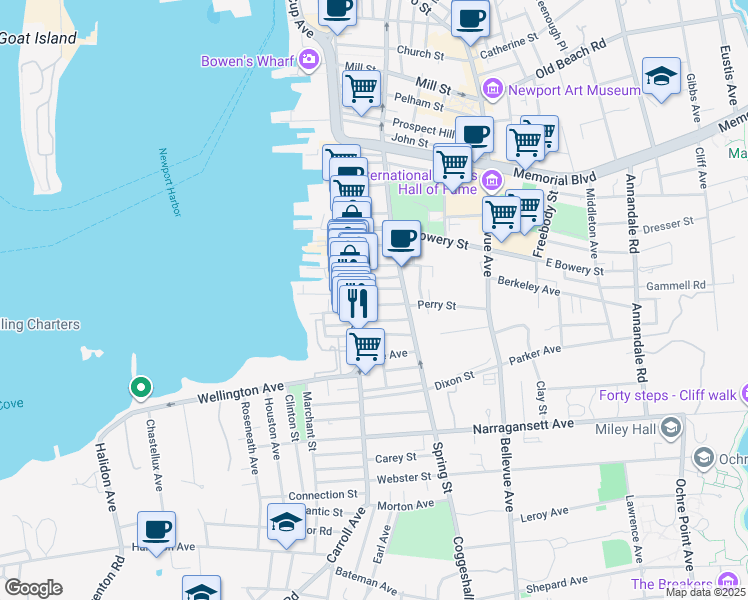 map of restaurants, bars, coffee shops, grocery stores, and more near 33 South Baptist Street in Newport