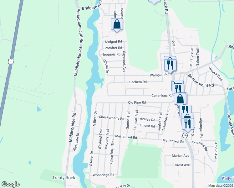 map of restaurants, bars, coffee shops, grocery stores, and more near 115 Conanicus Road in Narragansett