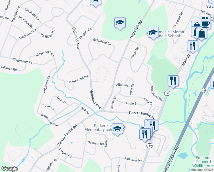 map of restaurants, bars, coffee shops, grocery stores, and more near 38 Hope Hill Road in Wallingford