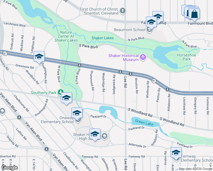 map of restaurants, bars, coffee shops, grocery stores, and more near 2876 Weybridge Road in Shaker Heights