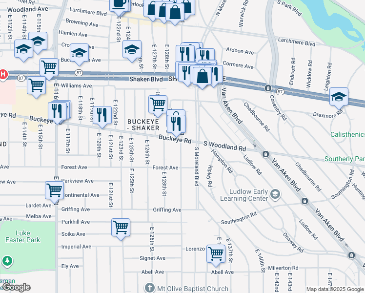 map of restaurants, bars, coffee shops, grocery stores, and more near 12904 Buckeye Road in Cleveland