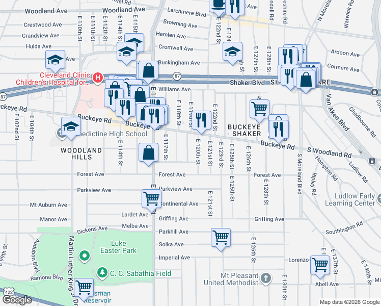 map of restaurants, bars, coffee shops, grocery stores, and more near 2915 East 119th Street in Cleveland