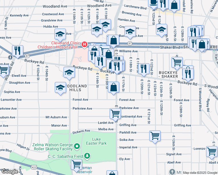 map of restaurants, bars, coffee shops, grocery stores, and more near 2918 East 115th Street in Cleveland