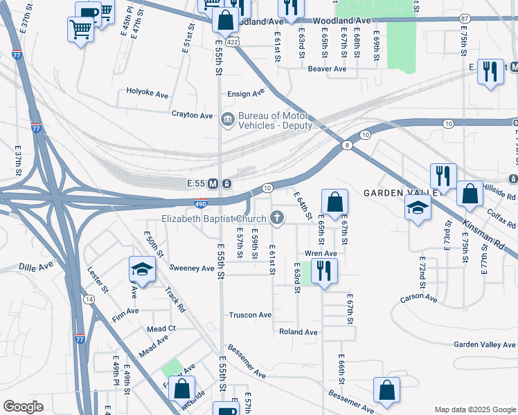 map of restaurants, bars, coffee shops, grocery stores, and more near 2908 East 59th Street in Cleveland