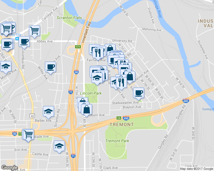 map of restaurants, bars, coffee shops, grocery stores, and more near 1023 Kenilworth Avenue in Cleveland