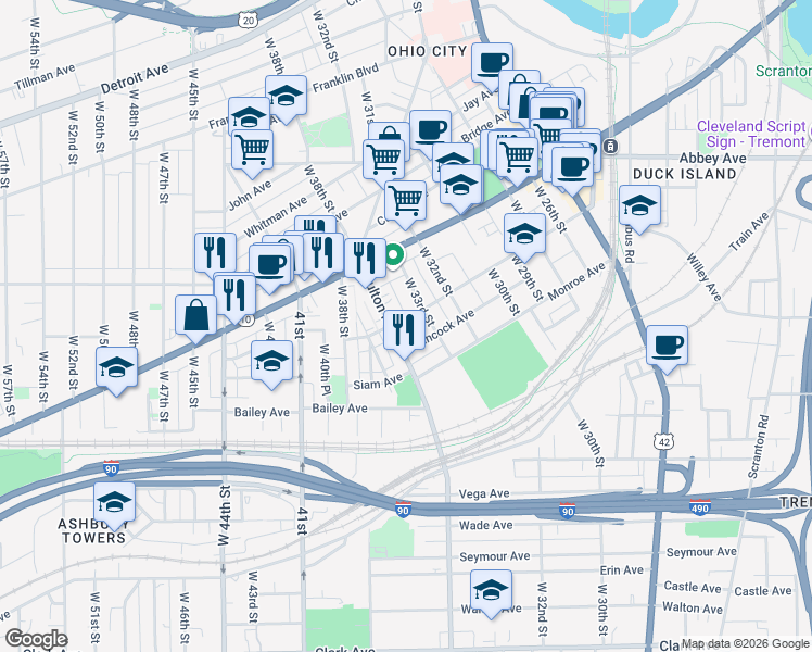 map of restaurants, bars, coffee shops, grocery stores, and more near 3405 Chatham Avenue in Cleveland