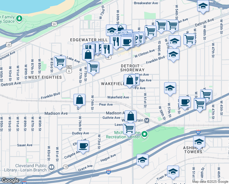 map of restaurants, bars, coffee shops, grocery stores, and more near 6711 Fir Avenue in Cleveland