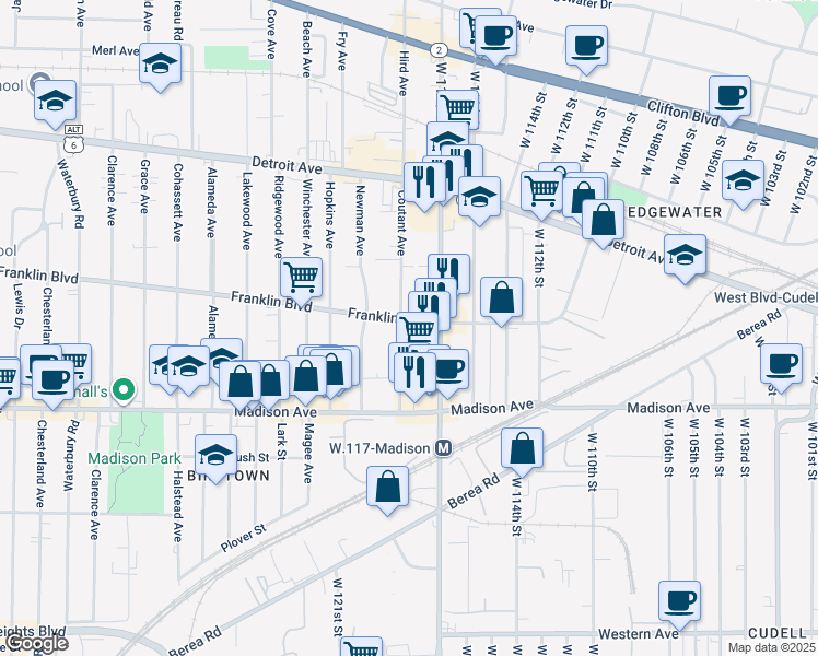 map of restaurants, bars, coffee shops, grocery stores, and more near 11716 Franklin Boulevard in Lakewood