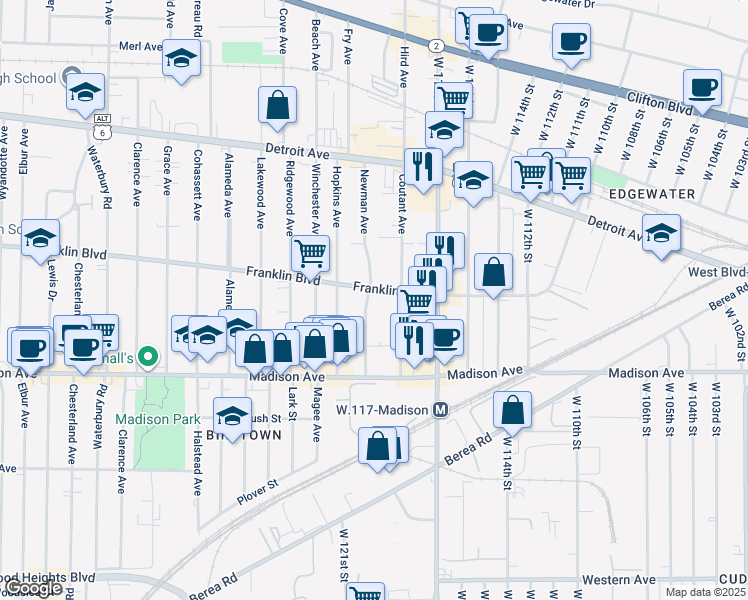 map of restaurants, bars, coffee shops, grocery stores, and more near 11815 Franklin Boulevard in Lakewood