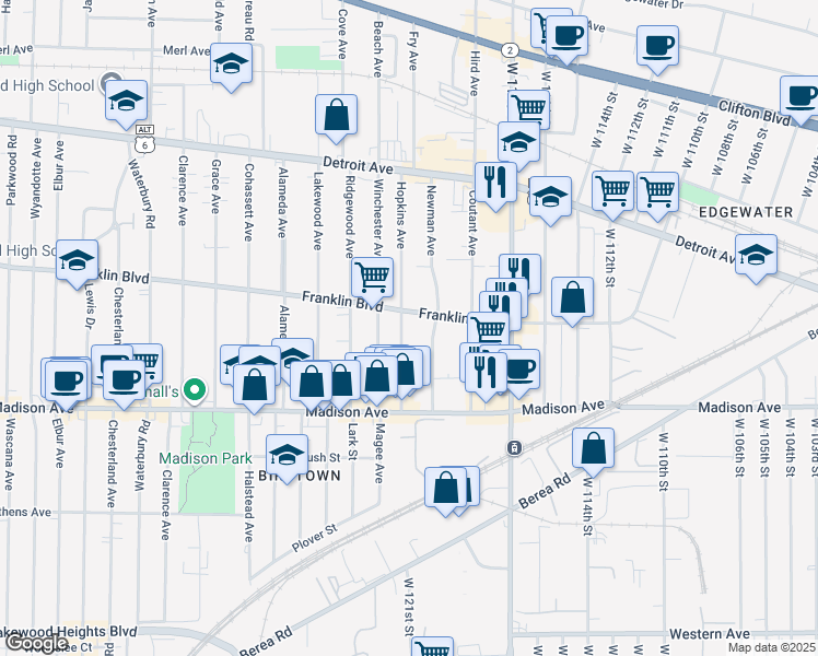 map of restaurants, bars, coffee shops, grocery stores, and more near 11915 Franklin Boulevard in Lakewood