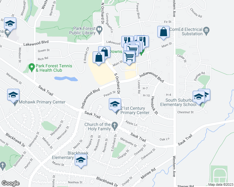 map of restaurants, bars, coffee shops, grocery stores, and more near 103 Peach Street in Park Forest