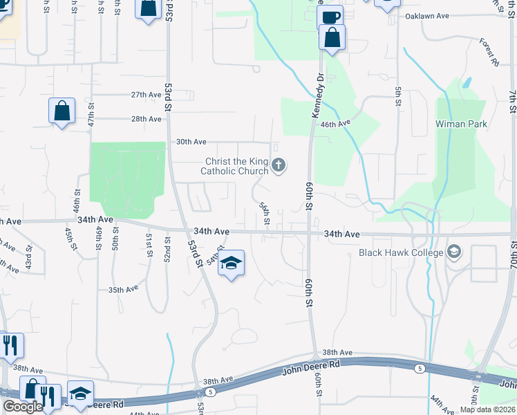 map of restaurants, bars, coffee shops, grocery stores, and more near 3223 56th Street in Moline