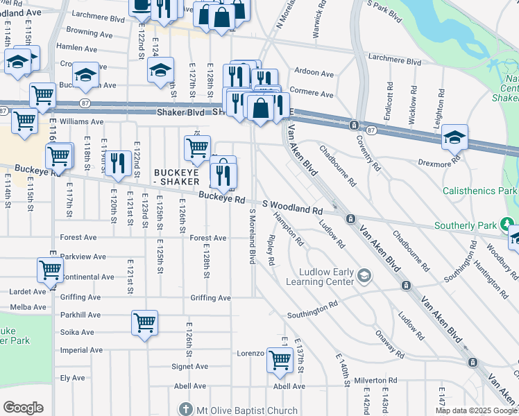 map of restaurants, bars, coffee shops, grocery stores, and more near 13210 South Woodland Road in Cleveland