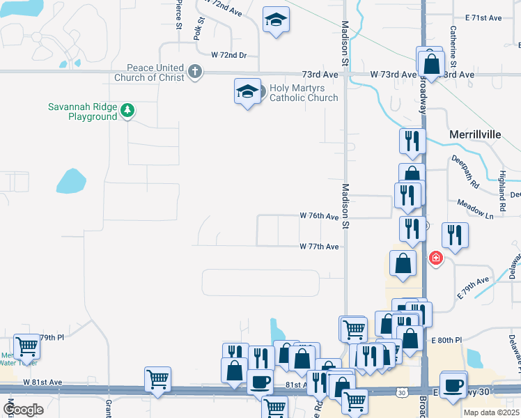 map of restaurants, bars, coffee shops, grocery stores, and more near 690 West 76th Avenue in Merrillville