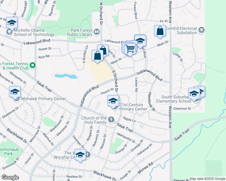 map of restaurants, bars, coffee shops, grocery stores, and more near 103 Peach Street in Park Forest