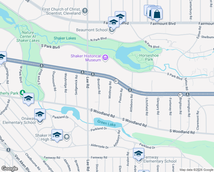 map of restaurants, bars, coffee shops, grocery stores, and more near 2842 Winthrop Rd in Shaker Heights
