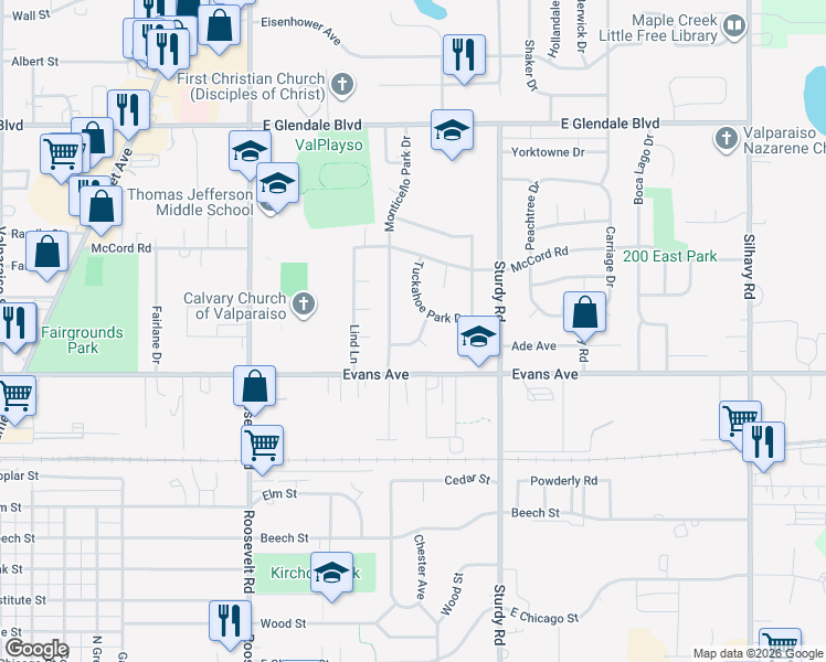 map of restaurants, bars, coffee shops, grocery stores, and more near 1707 Whittier Park Drive in Valparaiso