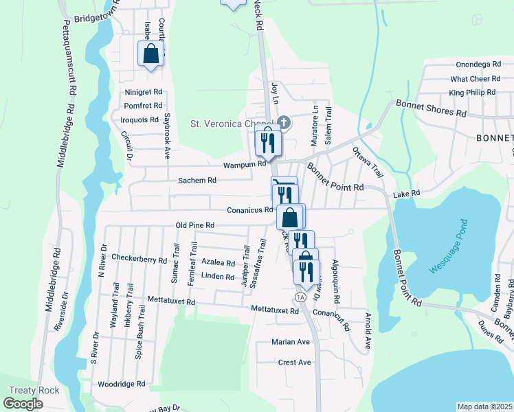 map of restaurants, bars, coffee shops, grocery stores, and more near 19 Conanicus Road in Narragansett