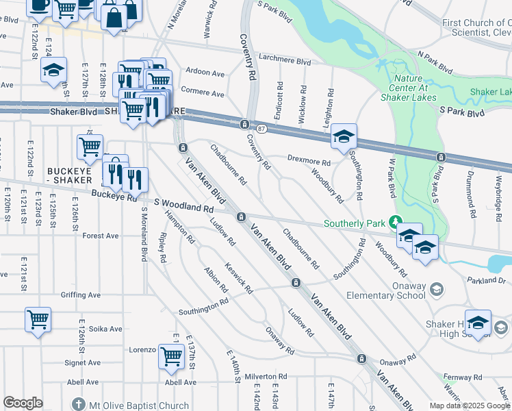 map of restaurants, bars, coffee shops, grocery stores, and more near 2914 Chadbourne Road in Shaker Heights