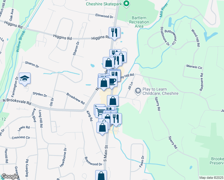 map of restaurants, bars, coffee shops, grocery stores, and more near 943 South Main Street in Cheshire