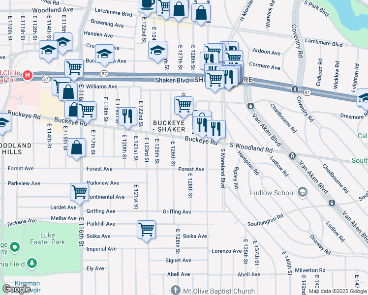 map of restaurants, bars, coffee shops, grocery stores, and more near 12704 Buckeye Rd in Cleveland