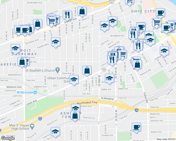 map of restaurants, bars, coffee shops, grocery stores, and more near 1963 West 47th Street in Cleveland