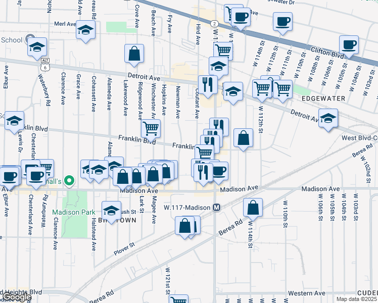 map of restaurants, bars, coffee shops, grocery stores, and more near 11815 Franklin Blvd in Lakewood
