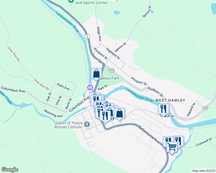 map of restaurants, bars, coffee shops, grocery stores, and more near 300-398 Park Pl in Hawley