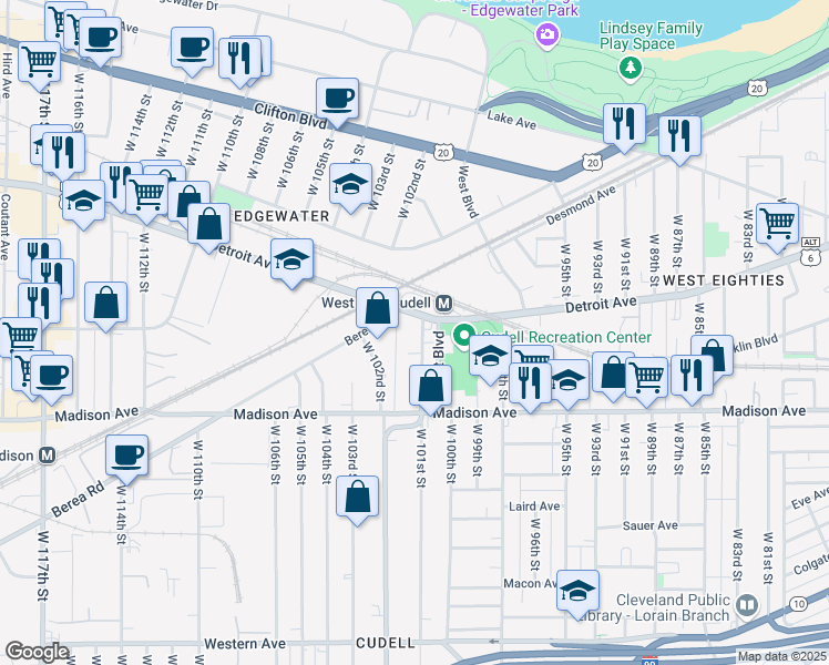 map of restaurants, bars, coffee shops, grocery stores, and more near 1414 West 101st Street in Cleveland