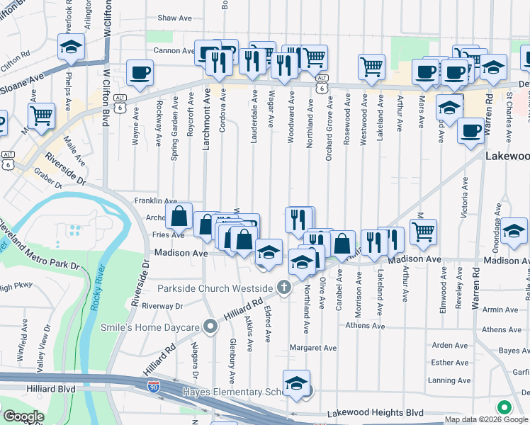 map of restaurants, bars, coffee shops, grocery stores, and more near 1610 Wagar Avenue in Lakewood