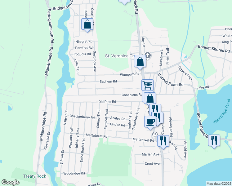 map of restaurants, bars, coffee shops, grocery stores, and more near 53 Conanicus Road in Narragansett