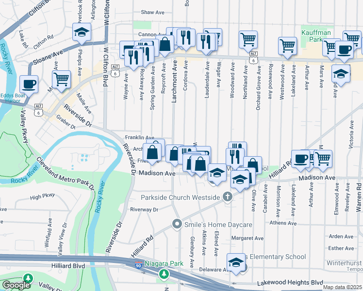 map of restaurants, bars, coffee shops, grocery stores, and more near 1612 Cordova Avenue in Lakewood