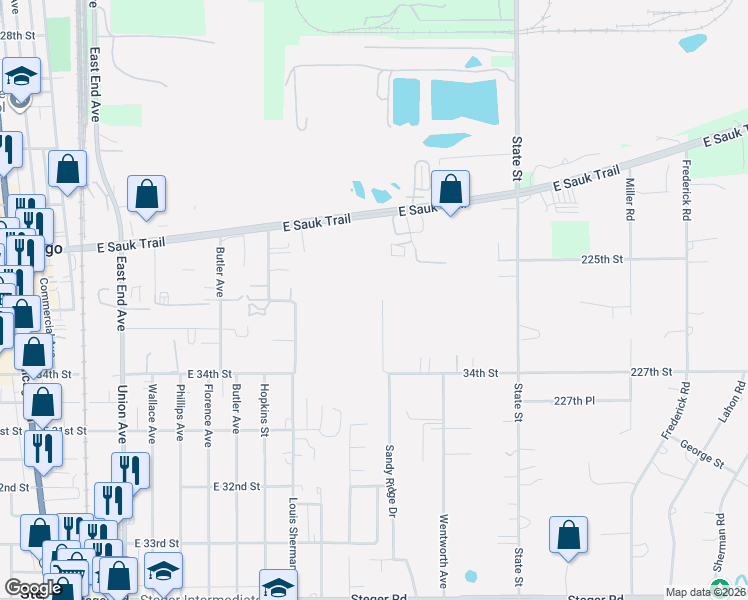 map of restaurants, bars, coffee shops, grocery stores, and more near 3344 Bramanti Trail in Steger