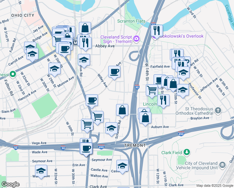 map of restaurants, bars, coffee shops, grocery stores, and more near 1615 Willey Avenue in Cleveland