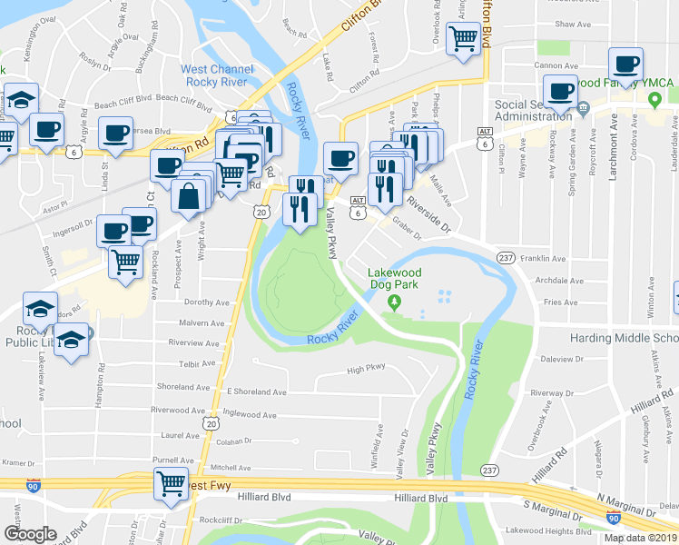 map of restaurants, bars, coffee shops, grocery stores, and more near 18999 Valley Parkway in Lakewood