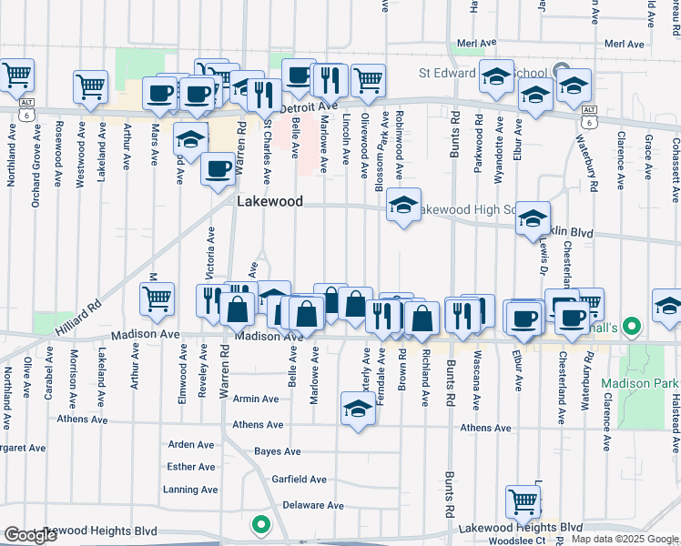 map of restaurants, bars, coffee shops, grocery stores, and more near 1612 Lincoln Avenue in Lakewood