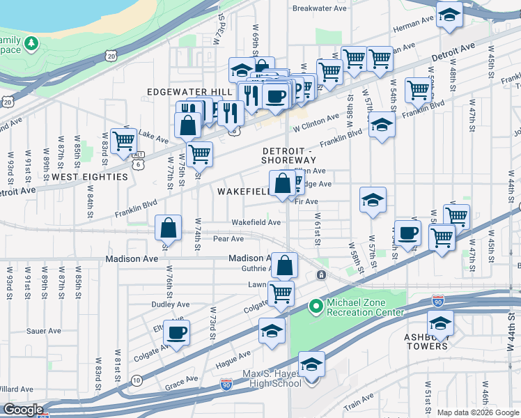 map of restaurants, bars, coffee shops, grocery stores, and more near 6711 Fir Avenue in Cleveland