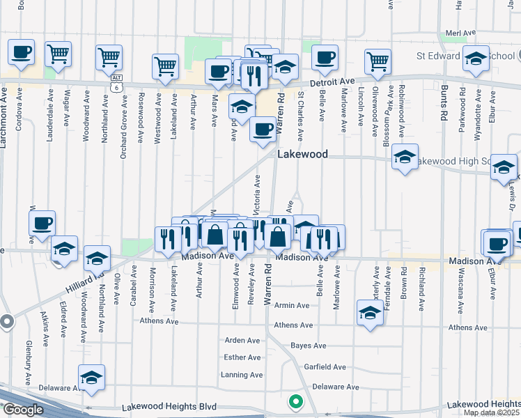 map of restaurants, bars, coffee shops, grocery stores, and more near 1625 Victoria Avenue in Lakewood