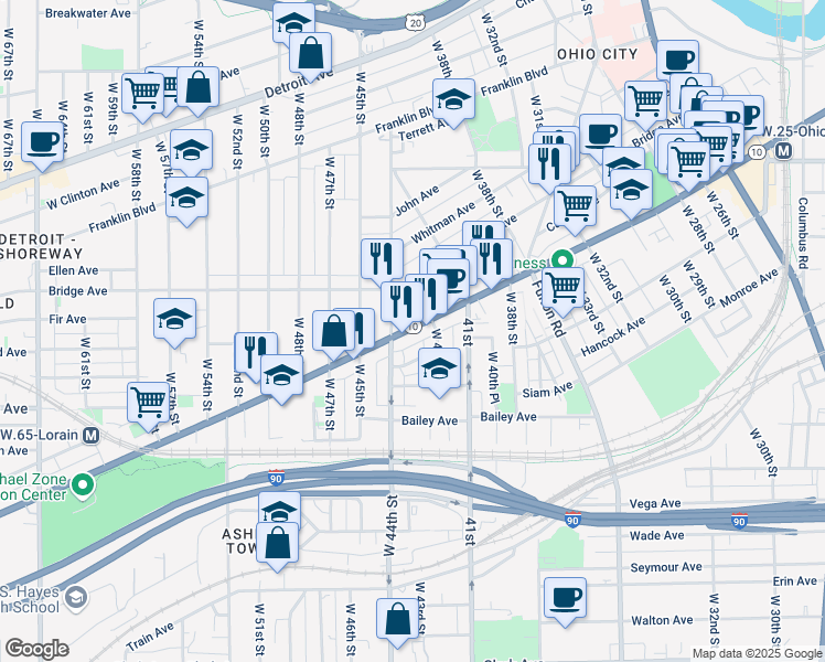 map of restaurants, bars, coffee shops, grocery stores, and more near 4241 Lorain Avenue in Cleveland